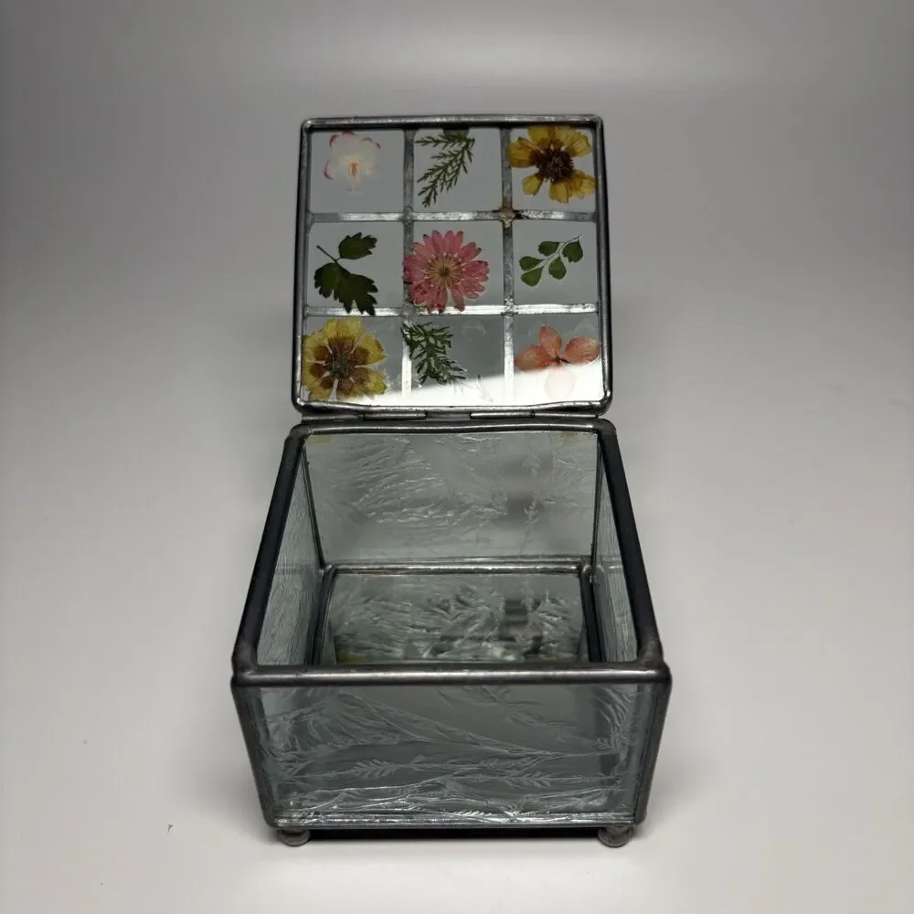 Vintage Glass Trinket Jewelry Box Hinged Pressed Flowers Mirror Base PAPYRUS